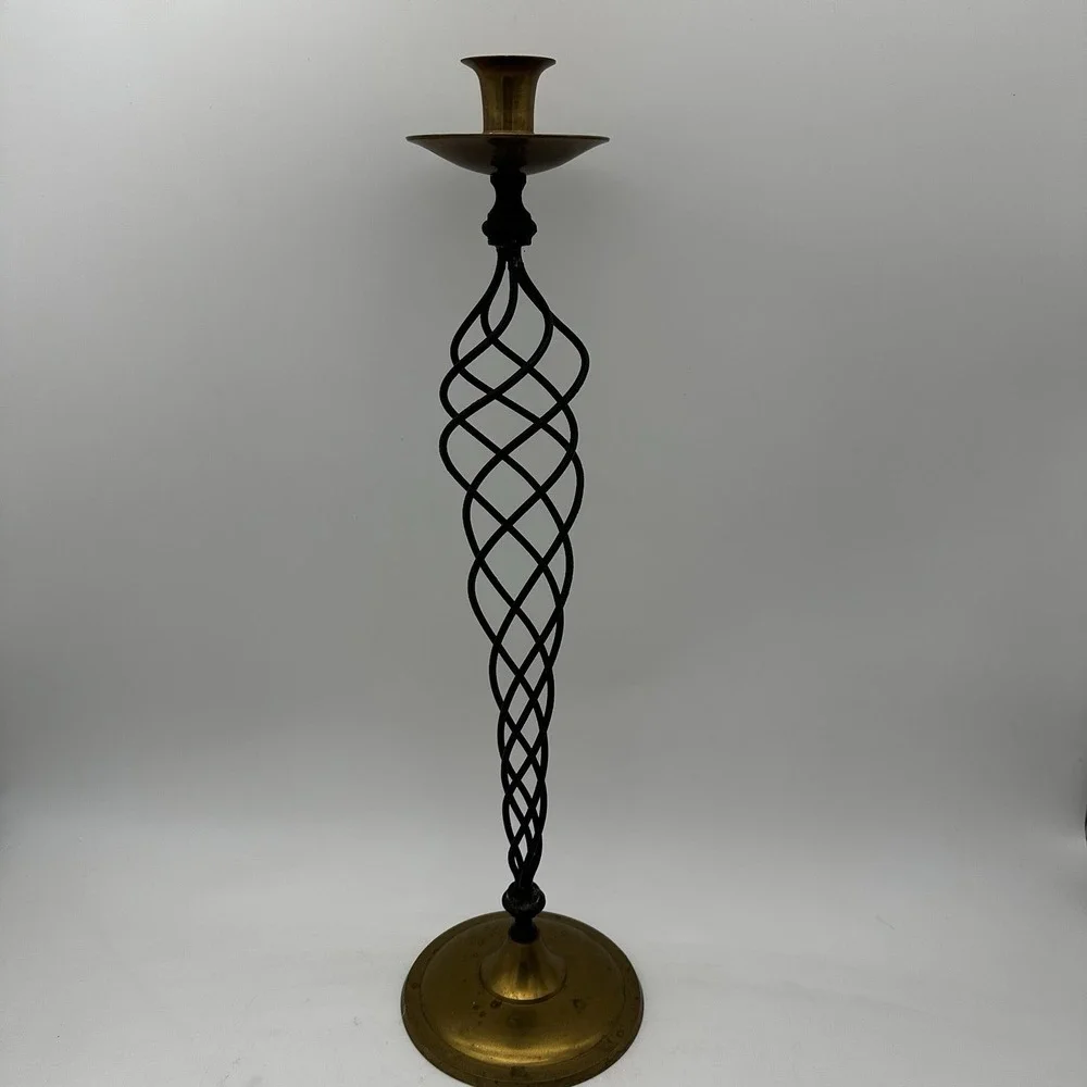Vintage Spiral Shape Pattern Green Patinaed Brass Candle Holders 21